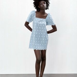 ZARA Eyelet Embroidered Cotton Dusty Blue Dress Women’s Large